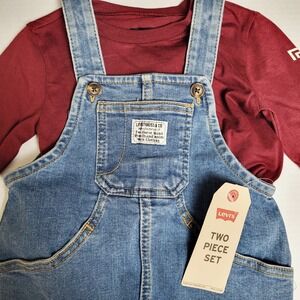 Levi Strauss & Co 12M Two Piece Set Denim Overalls Burgundy Long Sleeve Shirt